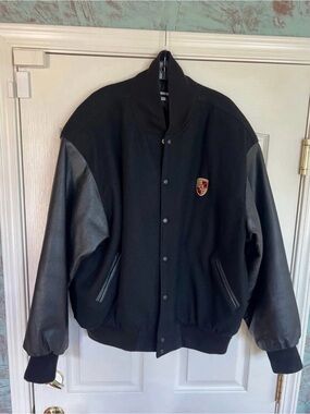 Vintage PORSCHE Letterman
Bomber Varsity Jacket Men's XL
Black Wool
Leather